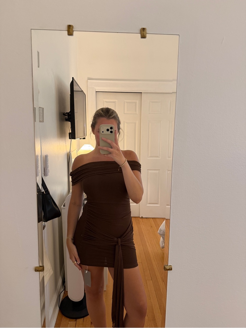 Missguided Brown Off-Shoulder Ruched Mini Dress with Front Drape